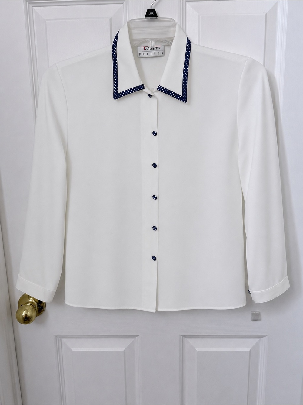 Talbots White Button-Down Blouse with Navy Polka Dot Collar and Buttons